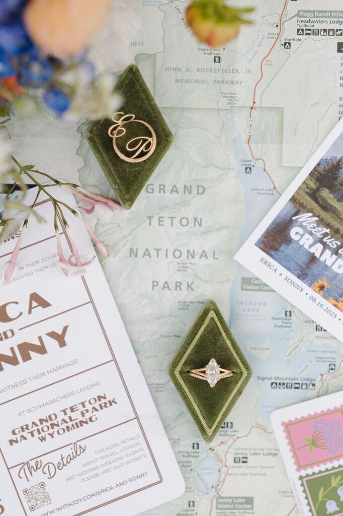 grand teton national park elopement details flat lay