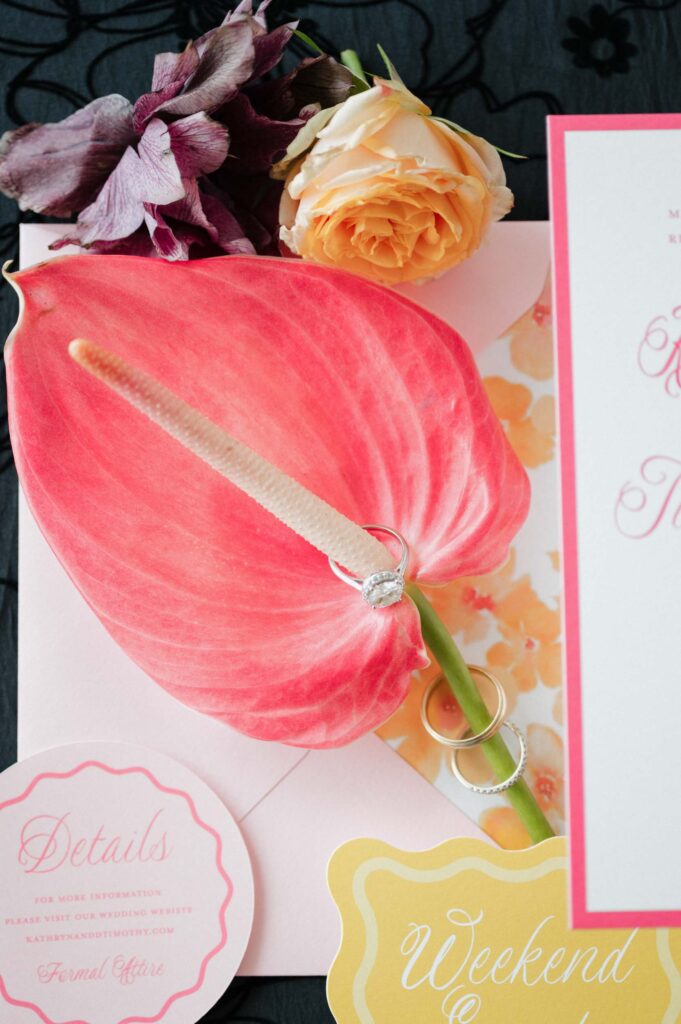 colorful wedding invitation suite with ring detail
