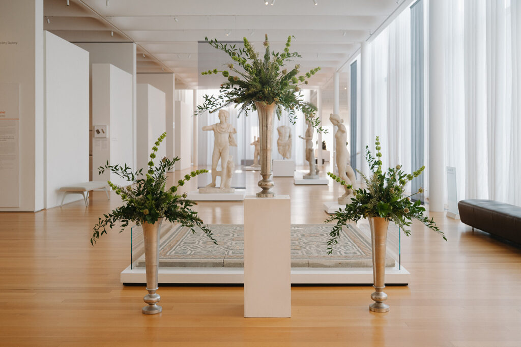 floral display at the ceremony altar at the NCMA raleigh