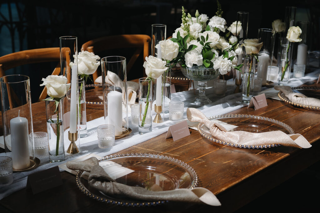 wedding reception table details and place settings